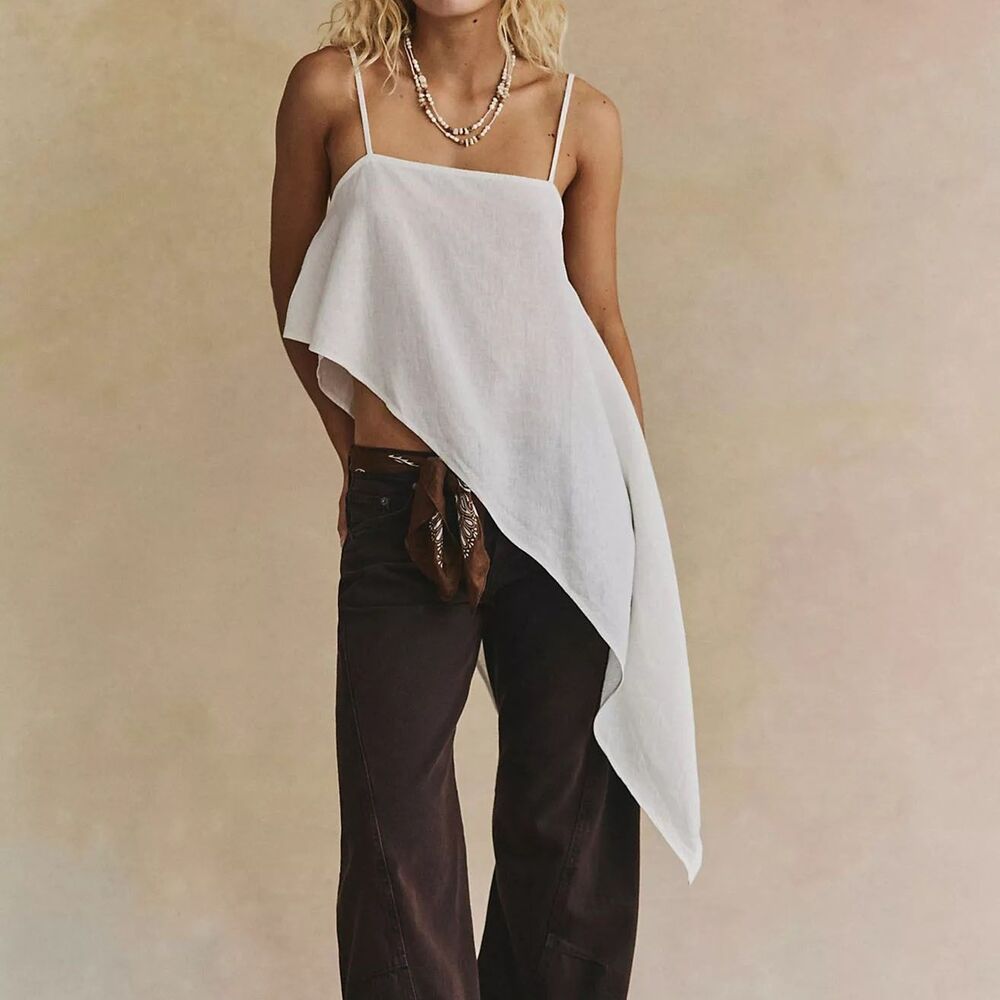 Free People Free-est Sandshell Linen Delia Cami Tank Top Asymmetrical S 292010